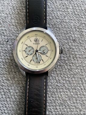 Timex Cream Dial Black Leather Strap Watch